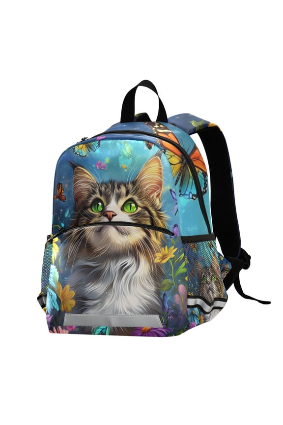 Cat in Butterfly Flowers School Backpack Elementary Student Bookbag