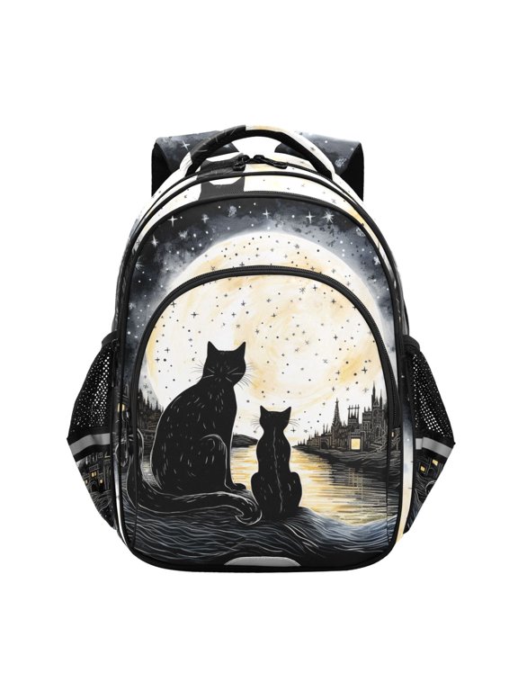 Cat in Night with Moon School Backpack Elementary Bag Bookbag Travel Rucksack