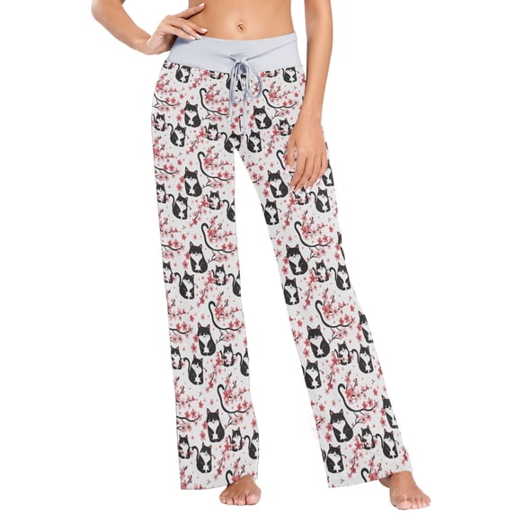 ALAZA Cat on Cherry Branch Women's Comfy Pajama Pants Sleepwear Wide Leg Drawstring Bottoms L