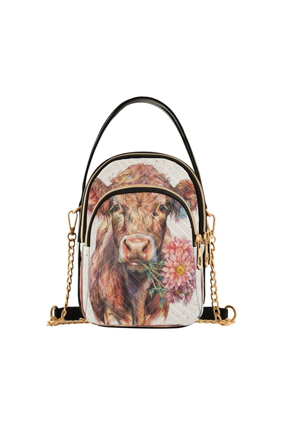 Chain Crossbody Bags for Women Cows and Pink Flower Shoulder Handbag Phone Purse
