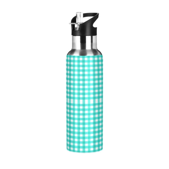ALAZA Checkered Grid Blue Water Bottle Insulated Flask Stainless Steel Straw Lid 20 oz