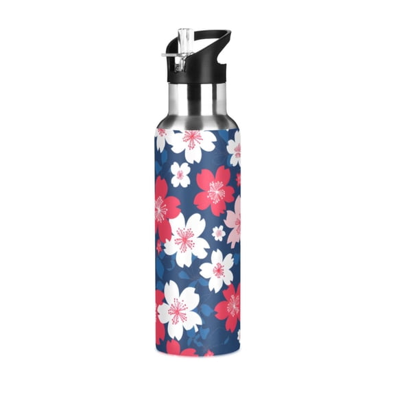 ALAZA Cherry Blossoming Water Bottle Insulated Flask Stainless Steel Straw Lid 20 oz
