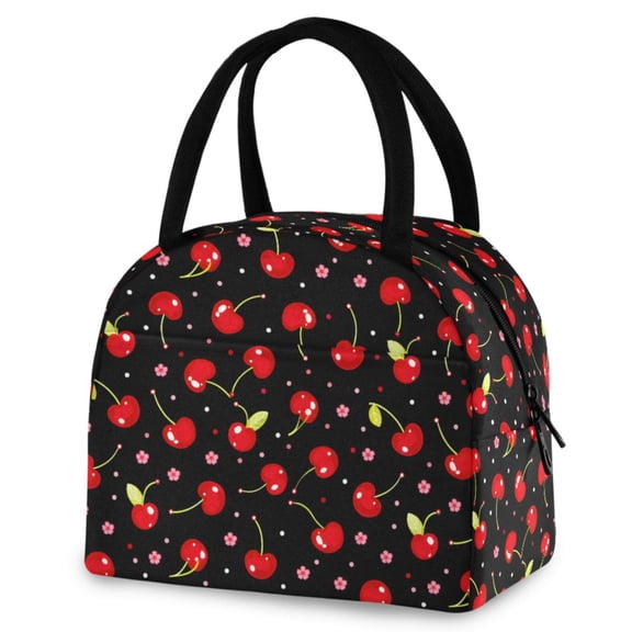 ALAZA Cherry Floral Black Insulated Lunch Box Reusable Cooler Tote Bag Work Office Picnic