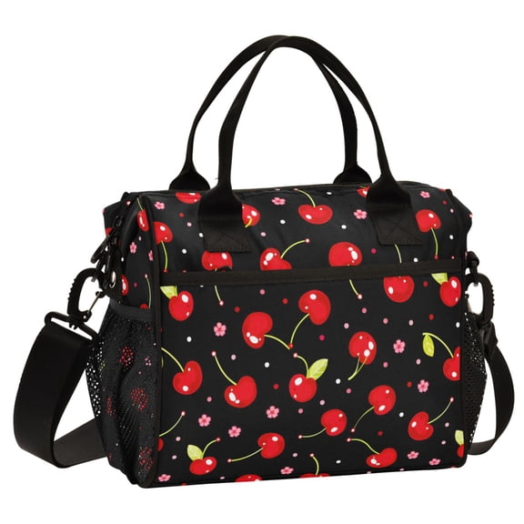 ALAZA Cherry Floral Black Print Cooler Lunch Bag Insulated Reusable Lunch Tote Large Leakproof Thermal Lunch Box for Work School Picnic Travel Medium