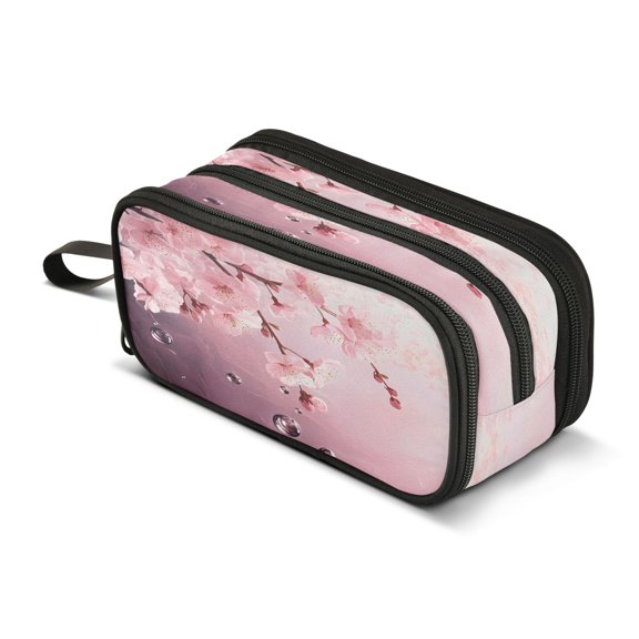 ALAZA Cherry Flower with Water Drop Pencil Case Bag 3 Compartment Pen Pouch Large Storage Holder Box Organizer