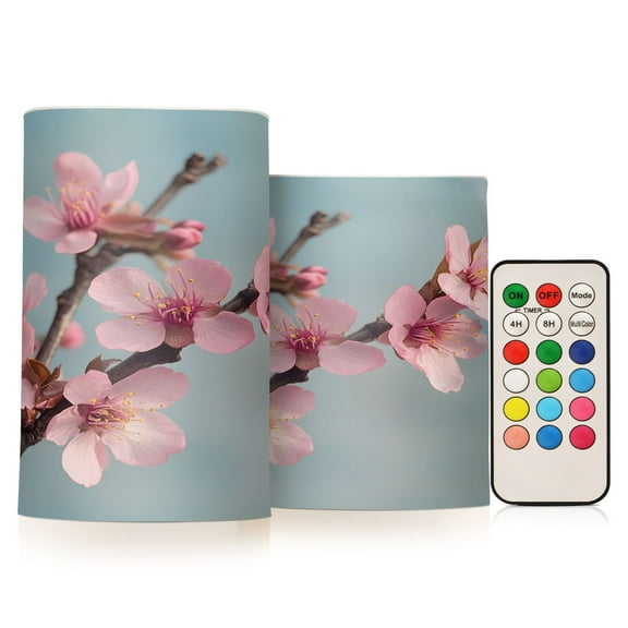 ALAZA Cherry Flowers Blooming 2 PCs LED Flickering Flameless Candles with Remote Timer Battery Operated Candle