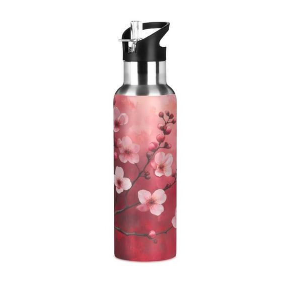 ALAZA Cherry Flowers Blooming Paint Water Bottle Insulated Flask Stainless Steel Straw Lid 20 oz