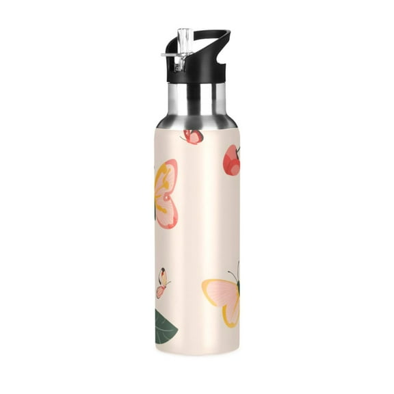 ALAZA Cherry and Butterfly Flying Water Bottle Insulated Flask Stainless Steel Straw Lid 20 oz