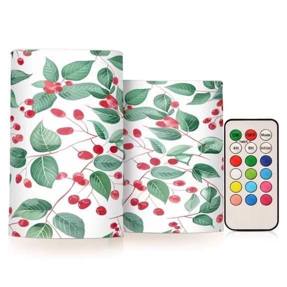 ALAZA Cherry and Leaves 2 PCs LED Flickering Flameless Candles with Remote Timer Battery Operated Candle