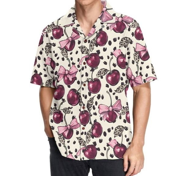 ALAZA Cherry with Leopard Men's Hawaiian Shirt Short Sleeve Casual Button Down Shirts L