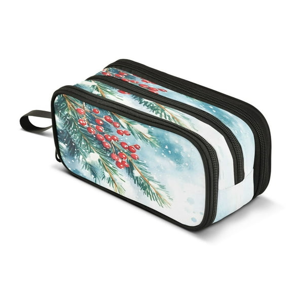 ALAZA Christmas Berry Snowflakes Pencil Case Bag 3 Compartment Pen Pouch Large Storage Holder Box Organizer