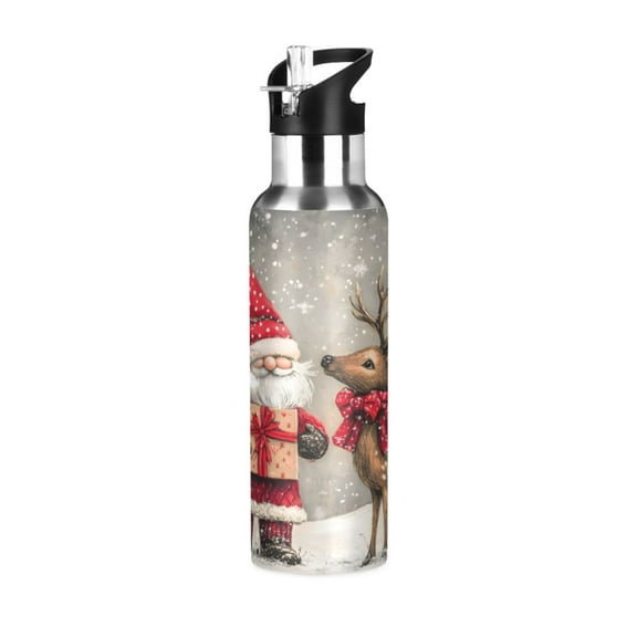 ALAZA Christmas Gnome and Deer Water Bottle Insulated Flask Stainless Steel Straw Lid 20 oz