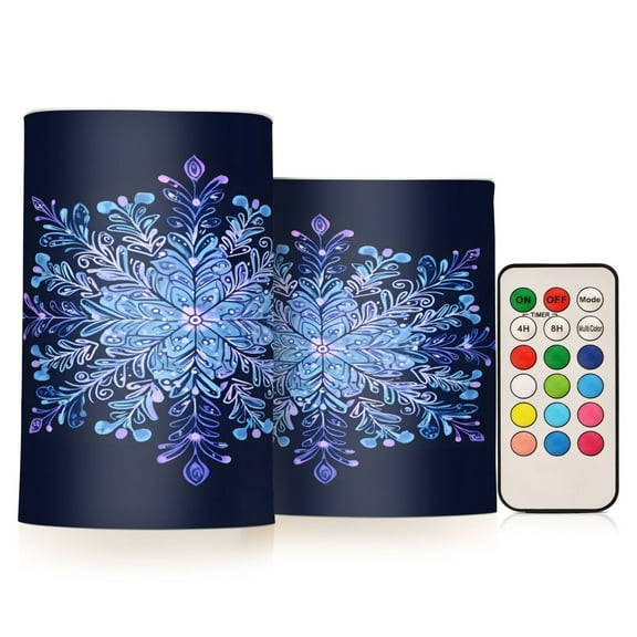 ALAZA Christmas Hand Draw Snowflake 2 PCs LED Flickering Flameless Candles with Remote Timer Battery Operated Candle