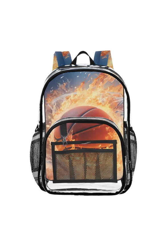 Clear Backpack Basketball with Snow and Fire PVC Transparent BookBag