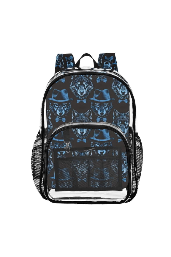 Clear Backpack Blue Wolf with Hats PVC Transparent BookBag