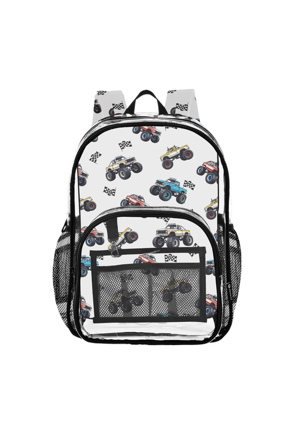 Clear Backpack Car Trucks Cartoon Checkered Flag PVC Transparent BookBag