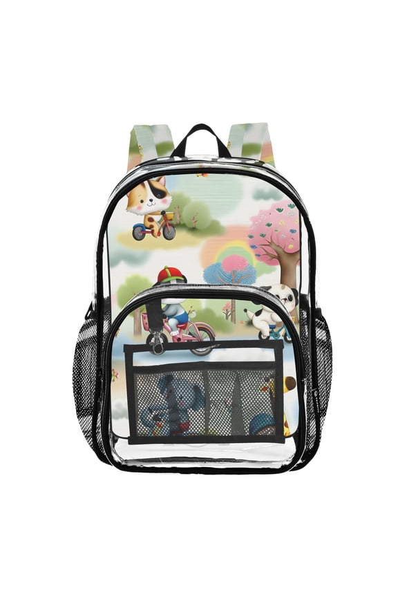 Clear Backpack Cartoon Animals Riding Bicycle PVC Transparent BookBag
