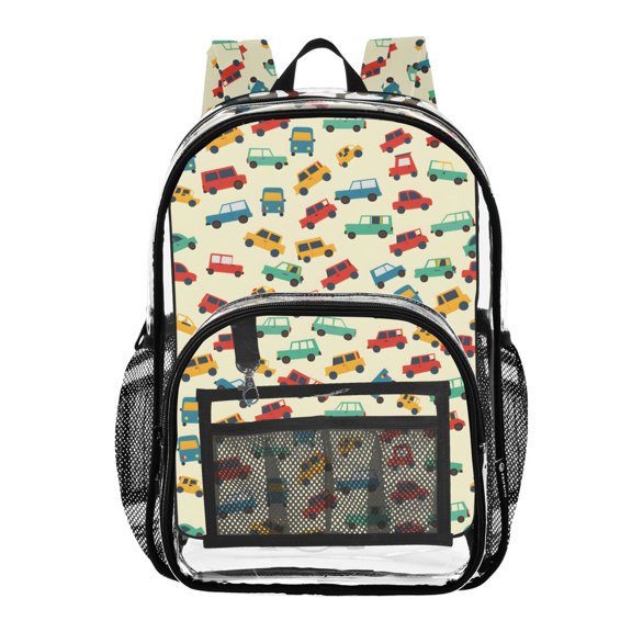 ALAZA Clear Backpack Cartoon Carsblack and White Bicycle Sketch Pattern Trucks PVC Transparent BookBag