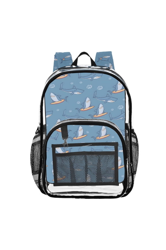 Clear Backpack Cartoon Sharks on Surfboard PVC Transparent BookBag