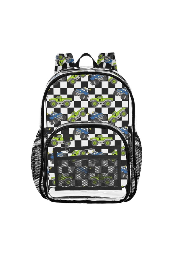 Clear Backpack Cartoon Vehicle Car Checkered PVC Transparent BookBag