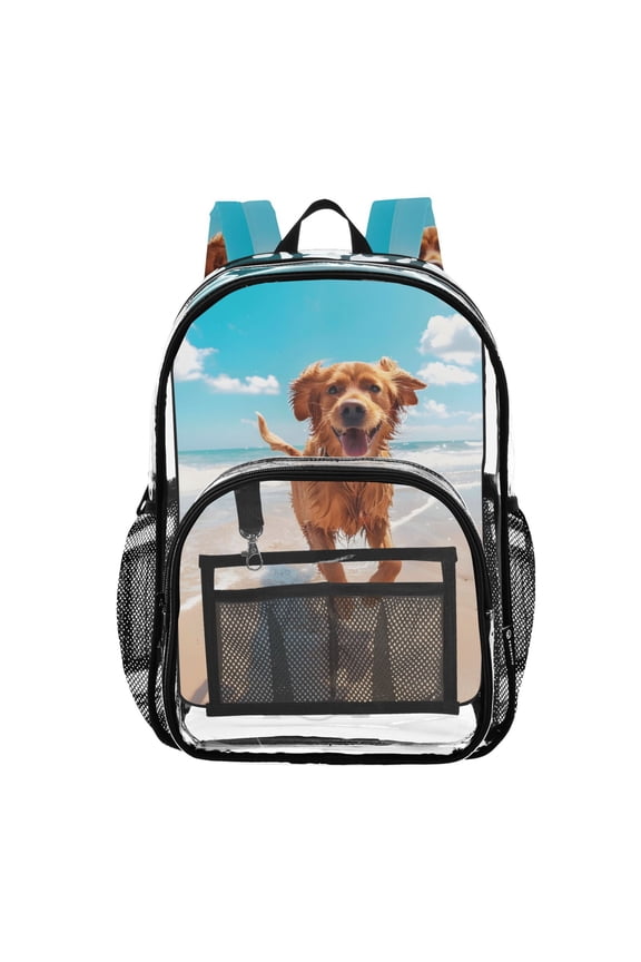 Clear Backpack Cute Dog on Beach PVC Transparent BookBag