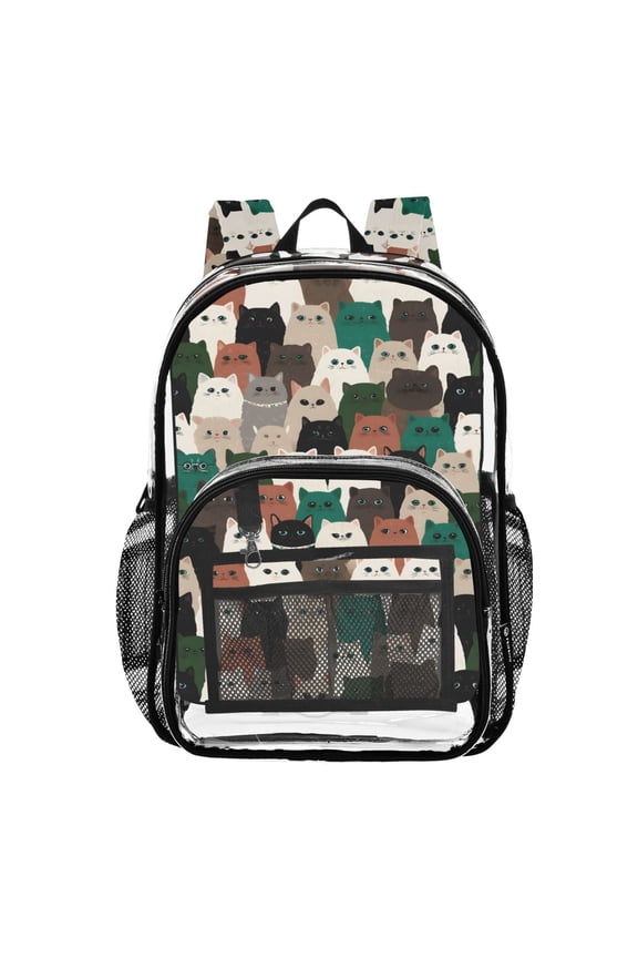 Clear Backpack Cute Doodle Cartoon Cats PVC Transparent BookBag
