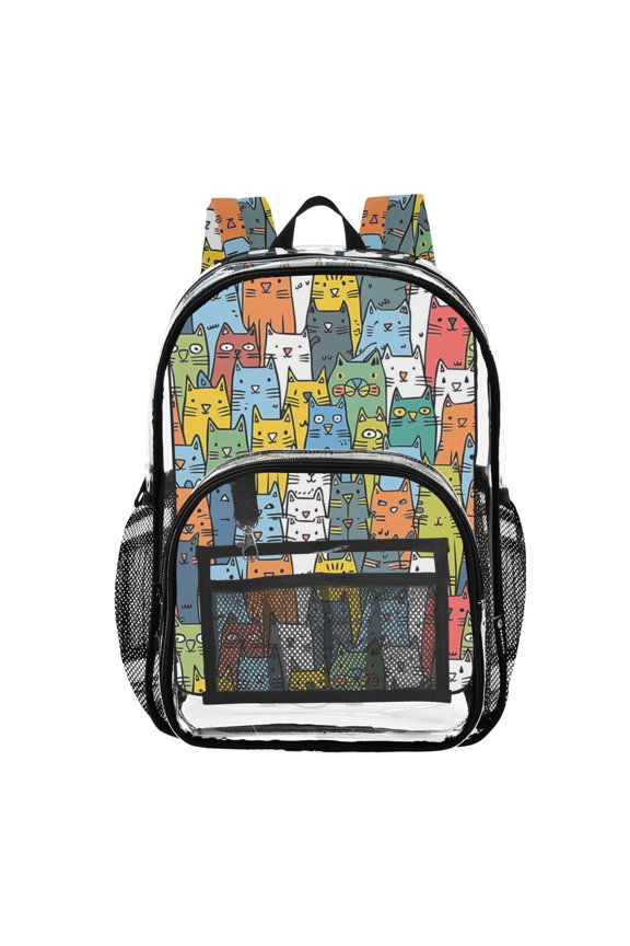 Clear Backpack Cute Doodle Cats-a1 PVC Transparent BookBag