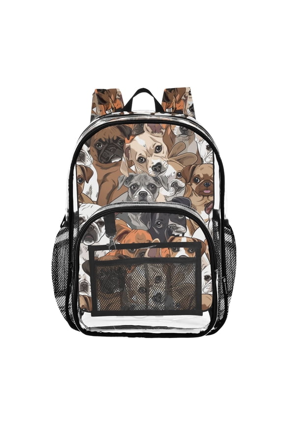 Clear Backpack Cute Doodle Pug Dogs PVC Transparent BookBag