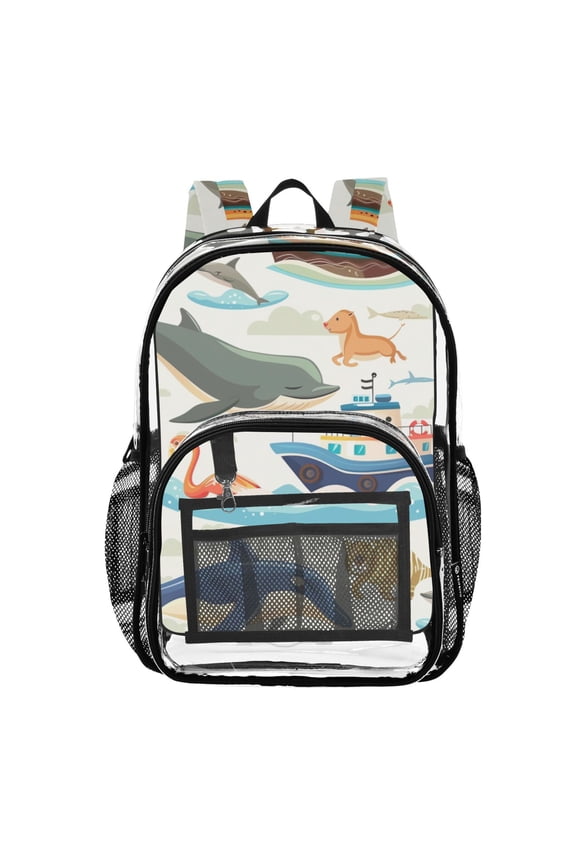 Clear Backpack Dolphin and Ship on Ocean PVC Transparent BookBag
