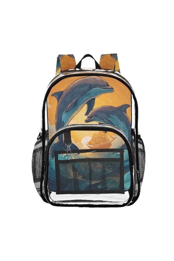Clear Backpack Dolphins at Sunset Sea PVC Transparent BookBag