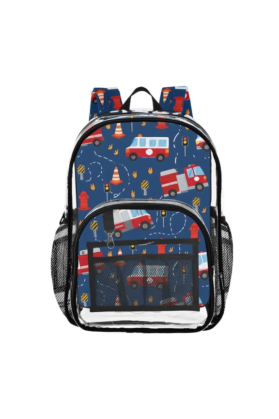 Clear Backpack Fire Trucks Cartoon PVC Transparent BookBag