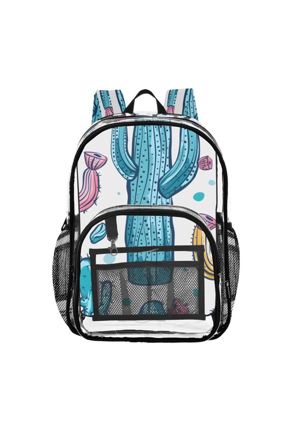 Clear Backpack Hand Drawn Cactus PVC Transparent BookBag