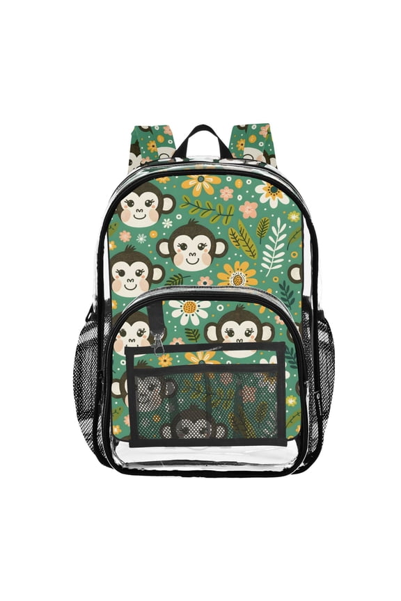 Clear Backpack Monkey Sunflowers on Green PVC Transparent BookBag