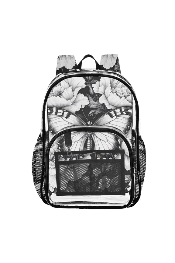 Clear Backpack Peony Flowers Butterfly PVC Transparent BookBag