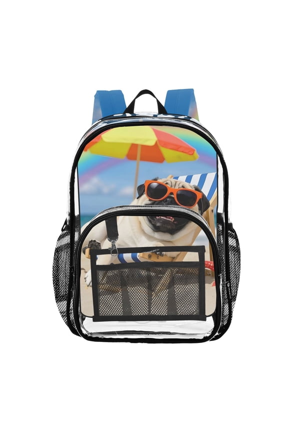 Clear Backpack Pug Dog Beach PVC Transparent BookBag