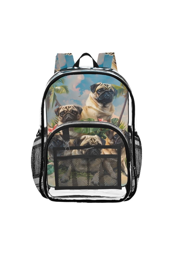 Clear Backpack Pug Dog on Island PVC Transparent BookBag