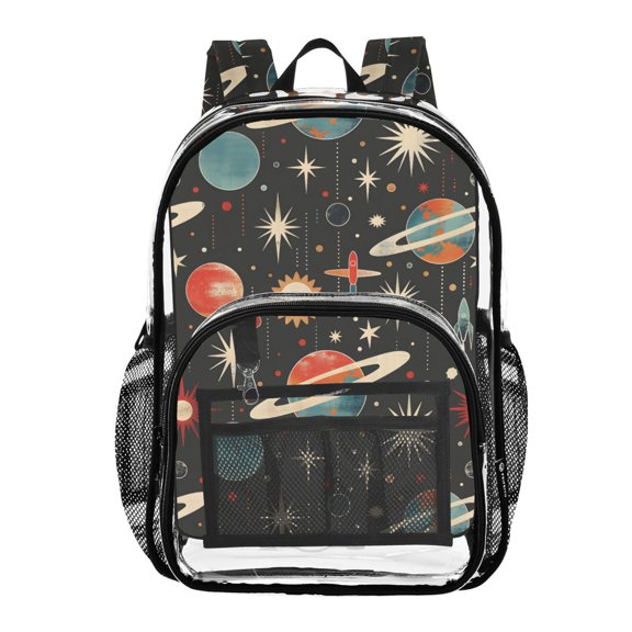ALAZA Clear Backpack Retro Space Planets Rockets PVC Transparent BookBag