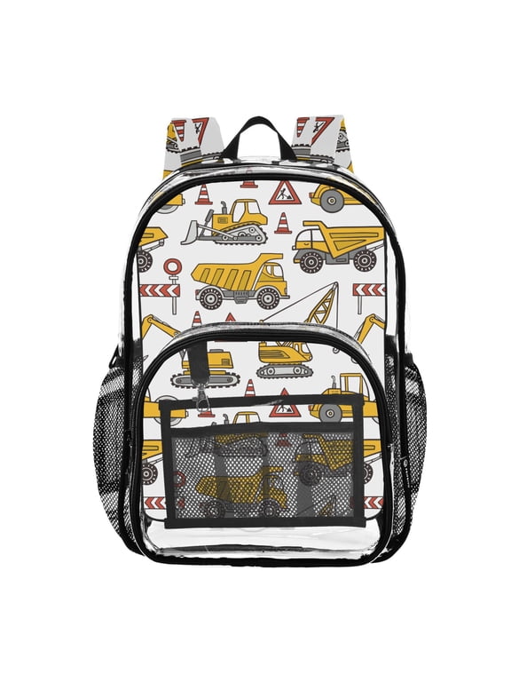 Clear Backpack Truck Excavator Car Yellow PVC Transparent BookBag
