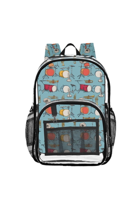 Clear Backpack Trumpet Drums Pattern PVC Transparent BookBag