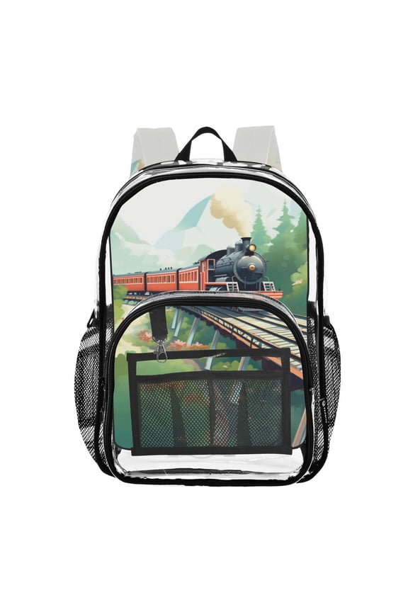 Clear Backpack Vehicle Train Landscape PVC Transparent BookBag