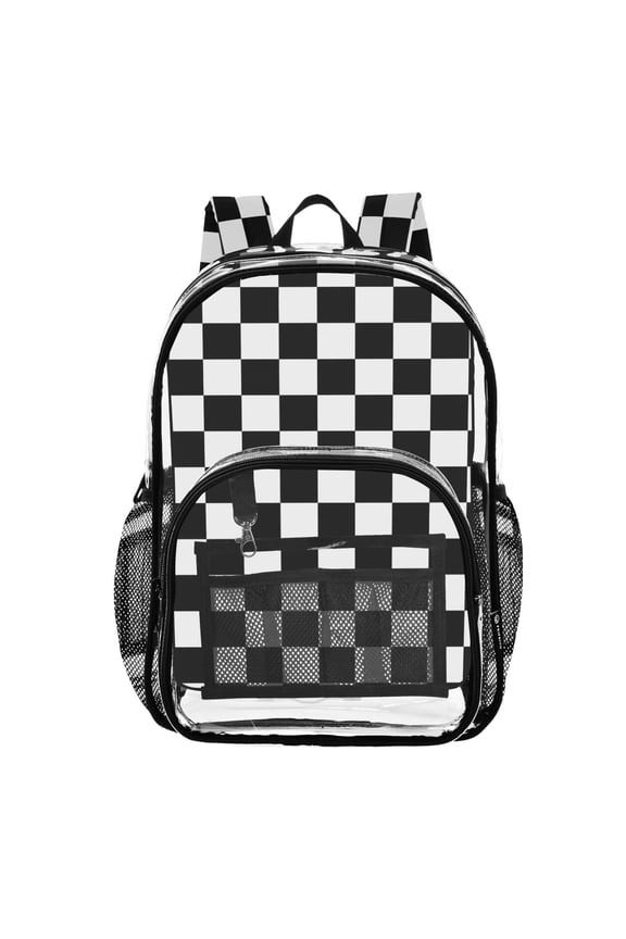 Clear Backpack White and Black Checkered Grid Art Pattern PVC Transparent BookBag