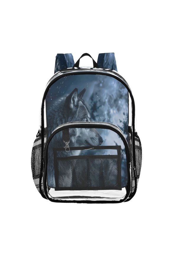 Clear Backpack Wolf in Night Forest PVC Transparent BookBag