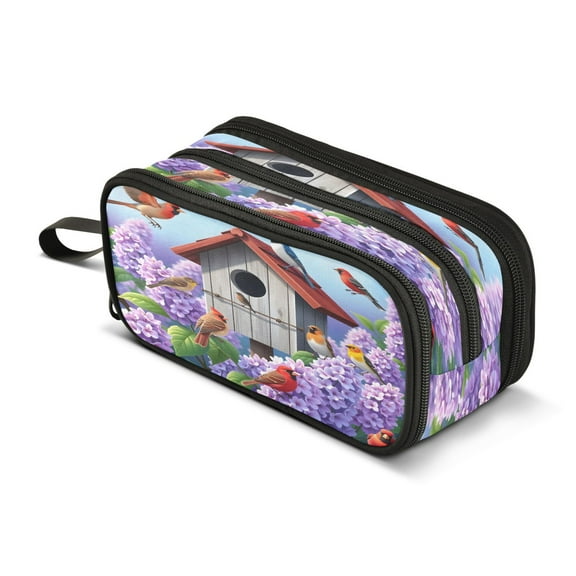 ALAZA Colorful Birds Lavenders-1 Pencil Case Bag 3 Compartment Pen Pouch Large Storage Holder Box Organizer