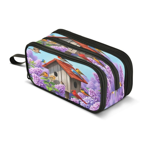 ALAZA Colorful Birds Lavenders-2 Pencil Case Bag 3 Compartment Pen Pouch Large Storage Holder Box Organizer