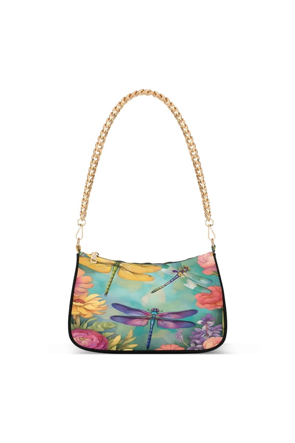 Colorful Dragonfly Flowers Women's Chain Shoulder Bag Hobo Handbag Tote Crossbody Purse