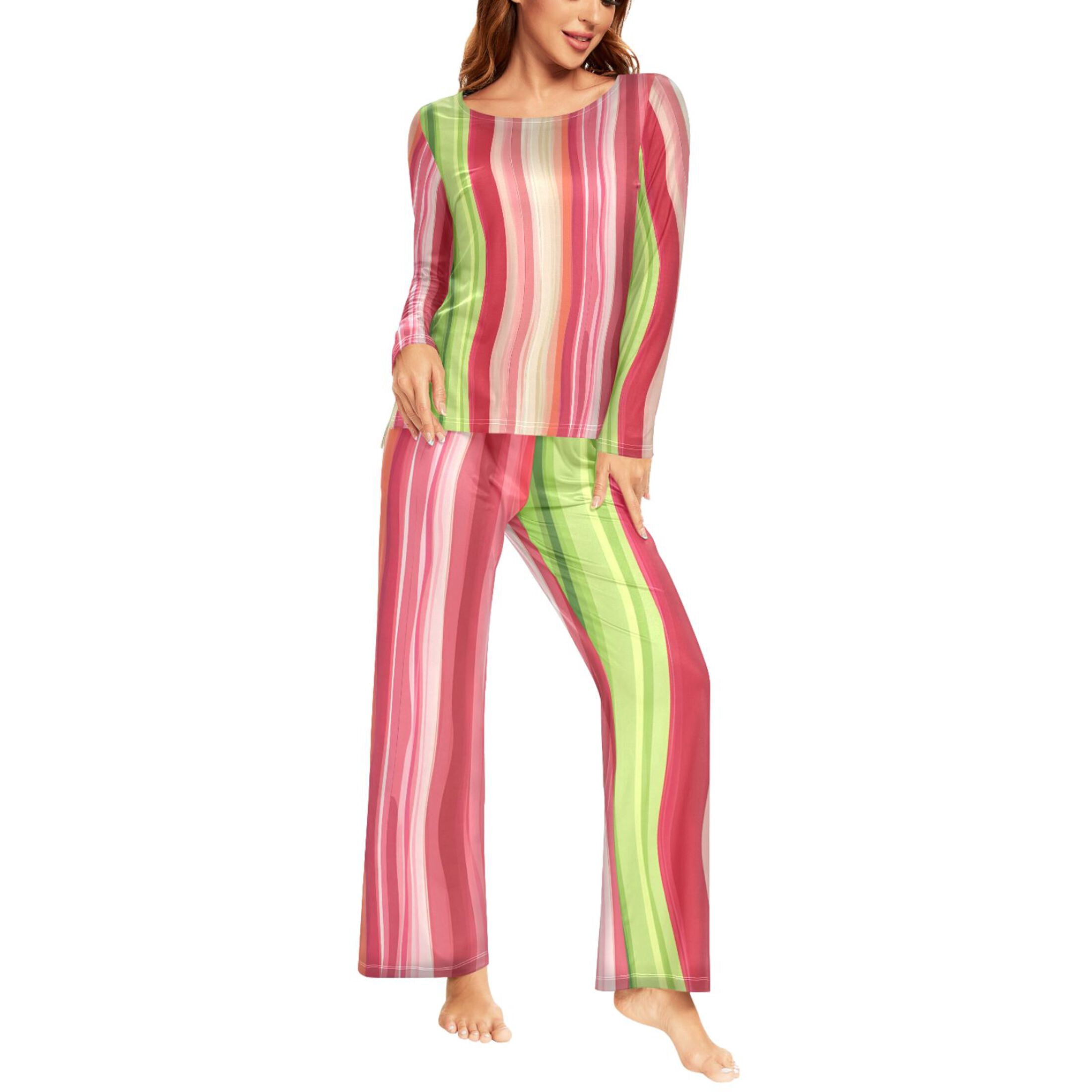 ALAZA Colorful Wavy Lines Women's 2 Piece Long Sleeve Sleepwear Soft ...