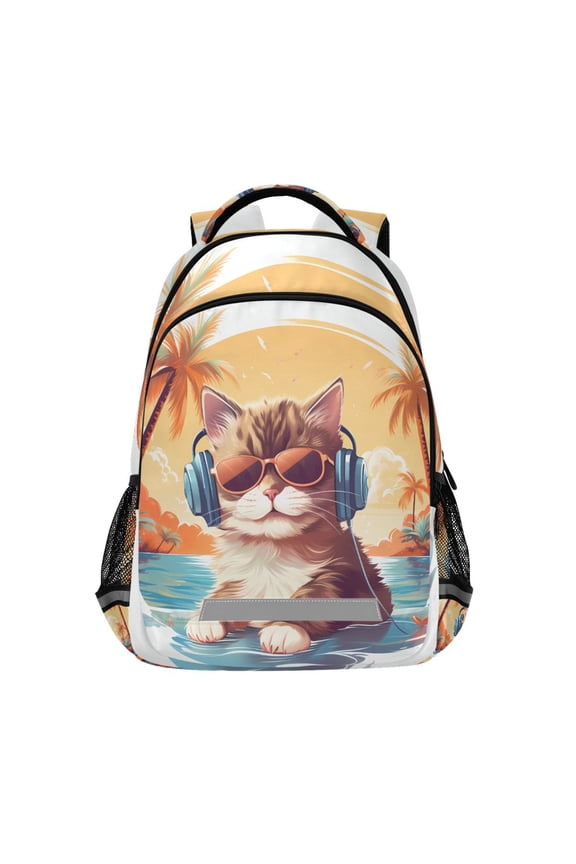 Cool Cat in Earphone Coconut Tree Backpack Elementary School Bag Bookbag Travel Rucksack