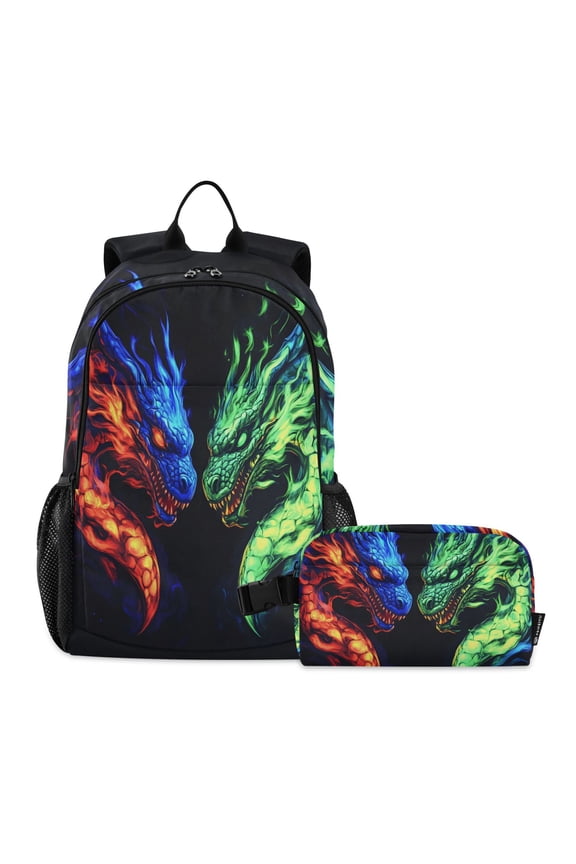 Cool Dragon Heads School Backpack Lunch Box Set Student Bookbag