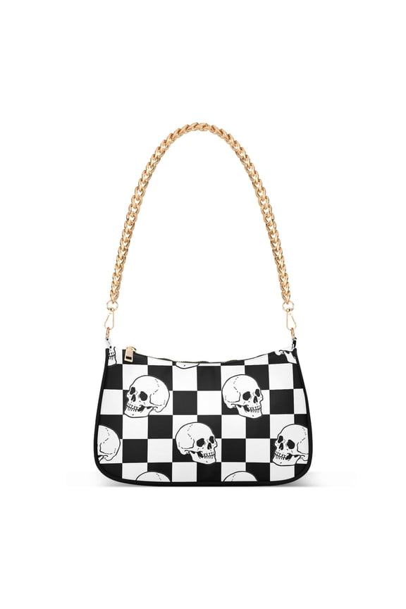 Cool Skulls on Checkered Women's Chain Shoulder Bag Hobo Handbag Tote Crossbody Purse