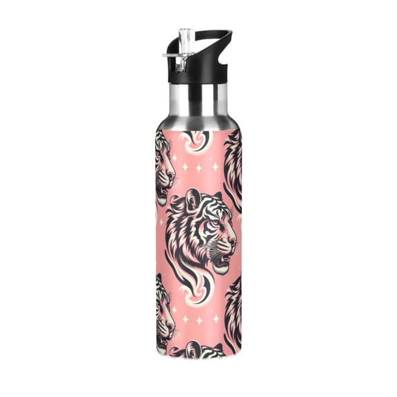 ALAZA Cool Tiger Water Bottle Insulated Flask Stainless Steel Straw Lid 20 oz